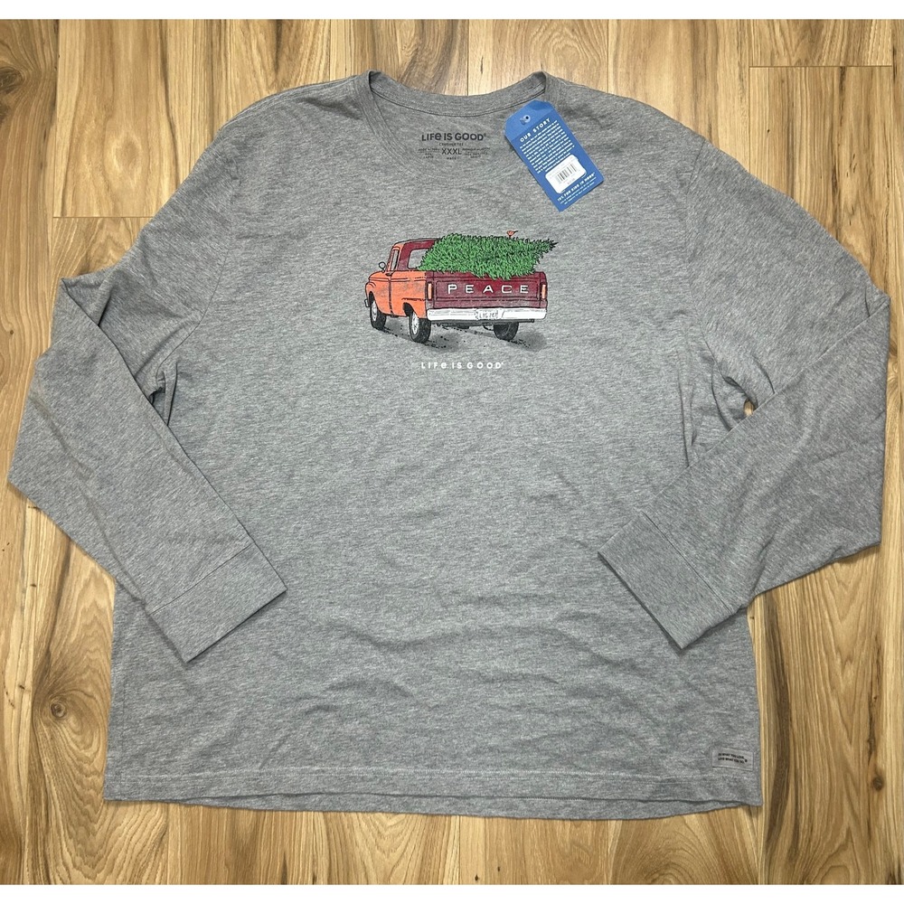 Life is Good Crusher Tee Mens XXXL Gray Christmas Peace Truck‎ L/S Rustic Cabin
